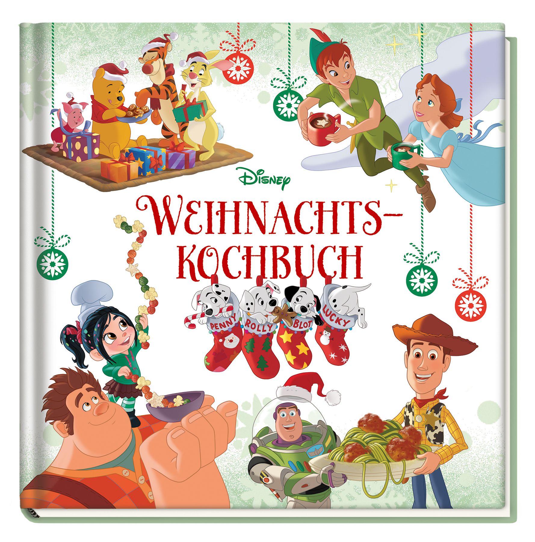 Disney Weihnachtskochbuch. Quadratisches Buch mit Illustrationen von Disney-Figuren und Weihnachtsschmuck. Titel prominent.