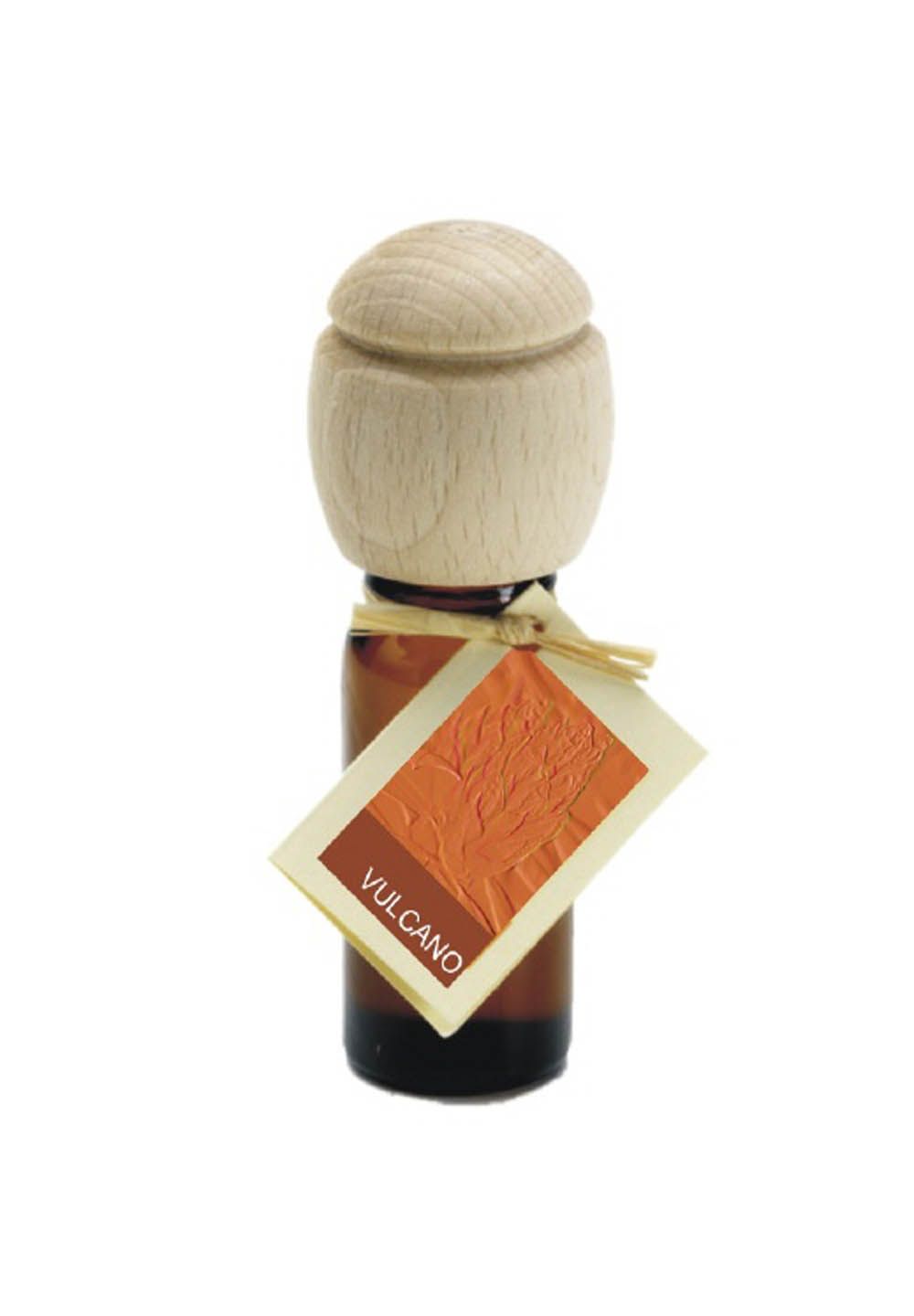 Braune Glasflasche mit Holzverschluss und Etikett. Etikett mit orangefarbenem Muster und Schriftzug "VULCANO".