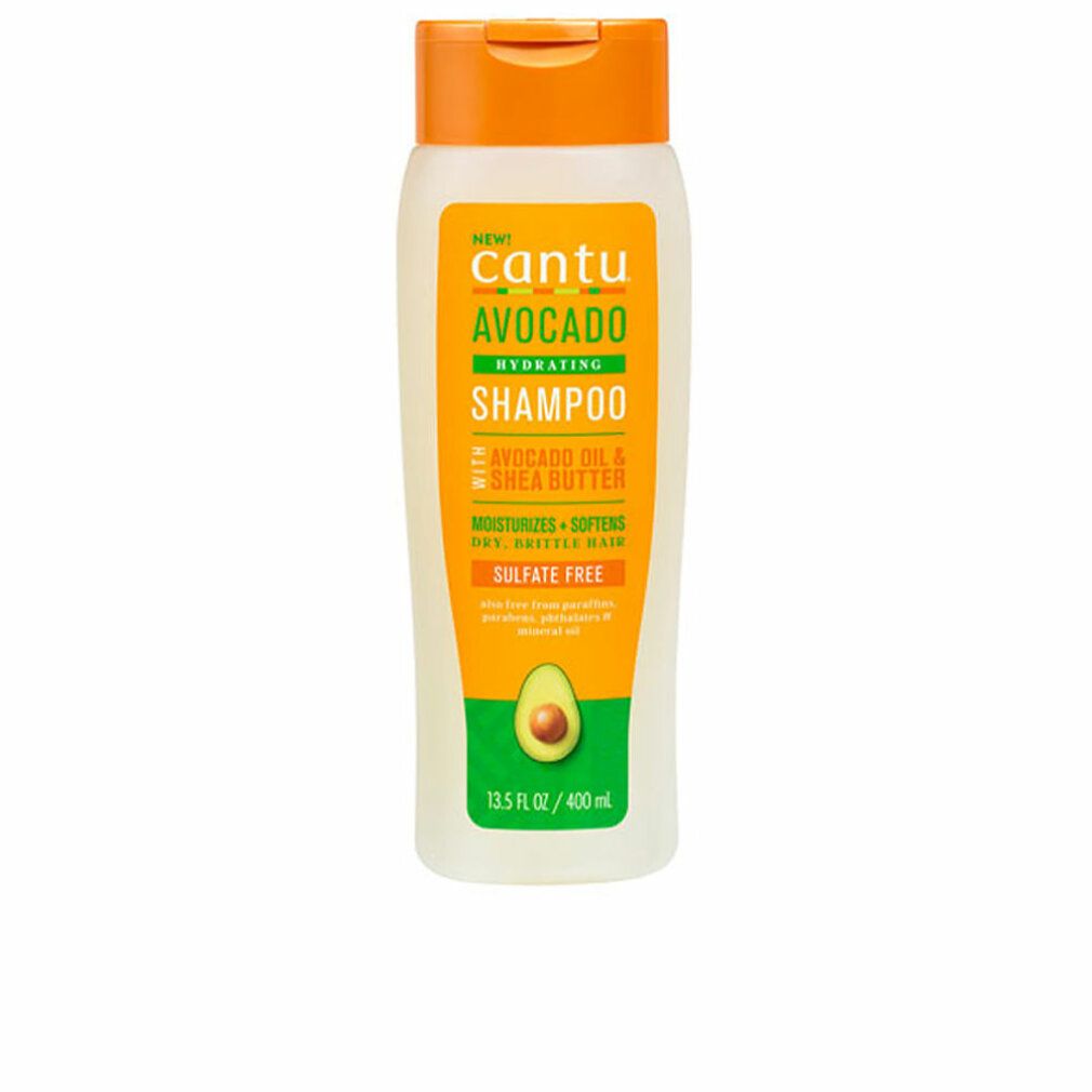 Flasche Cantu Avocado Hydrating Shampoo. Orangefarbener Deckel, weißer Behälter, grünes Etikett mit Produktinformationen und Avocado-Illustration.