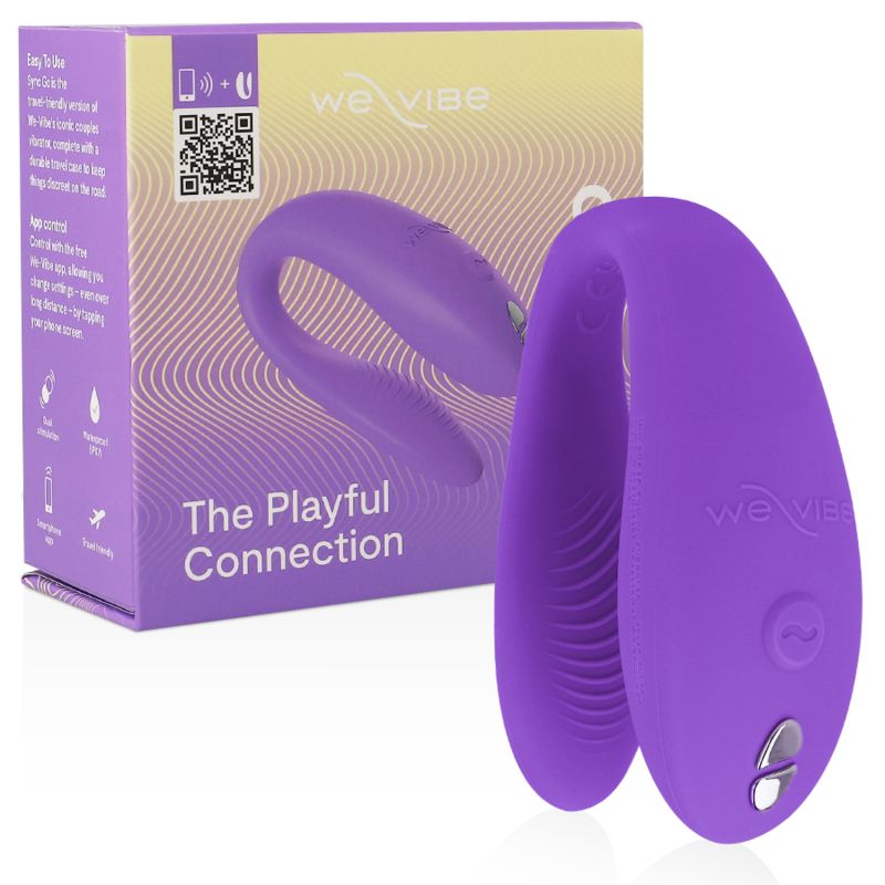 Lila Wellness-Produkt mit Verpackung. Auf der Verpackung steht "We-Vibe" und "The Playful Connection".