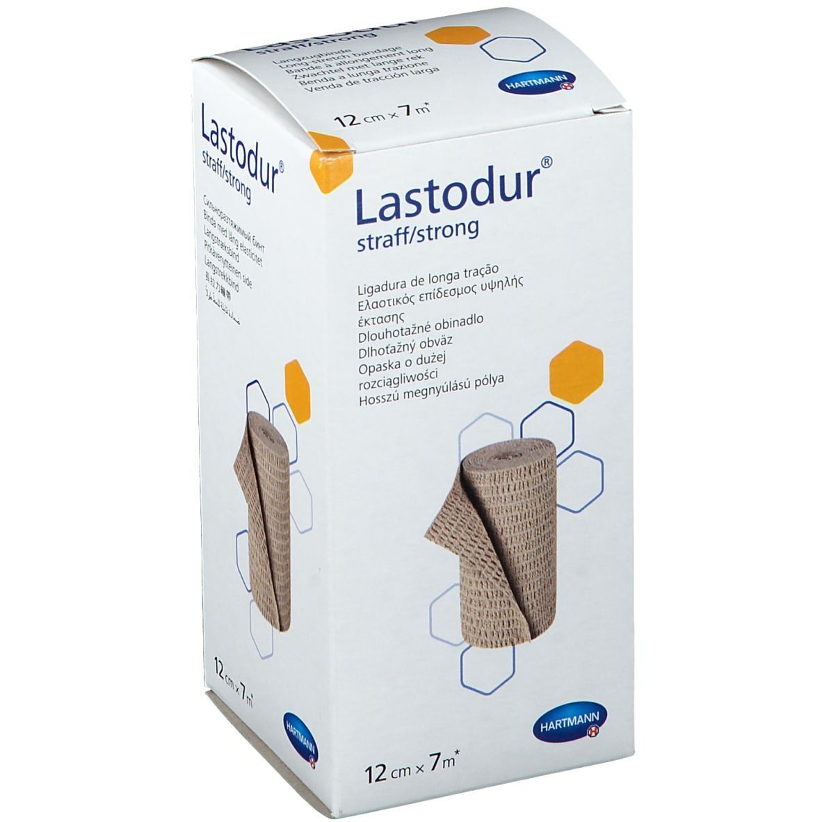 Verpackung von Hartmann Lastodur® strong. Beige Binde in Box. Maße: 12 cm x 7 m. Produktname und Marke sichtbar.