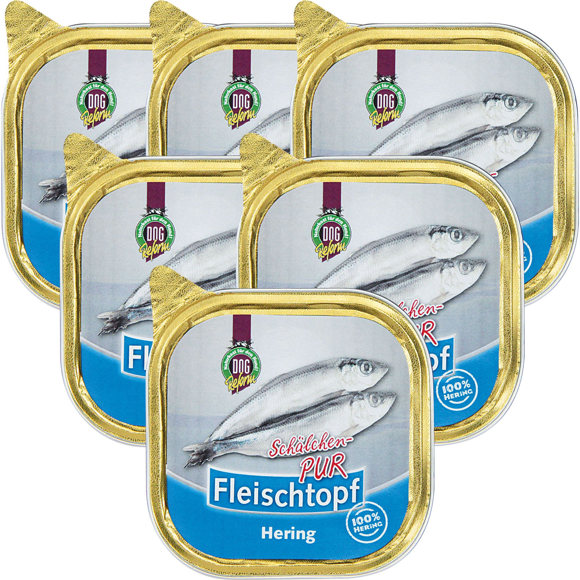 Mehrere Schälchen Nassfutter mit Fisch. Aufdruck: DOG Reform, Schälchen PUR, Fleischtopf, Hering, 100% Fisch.