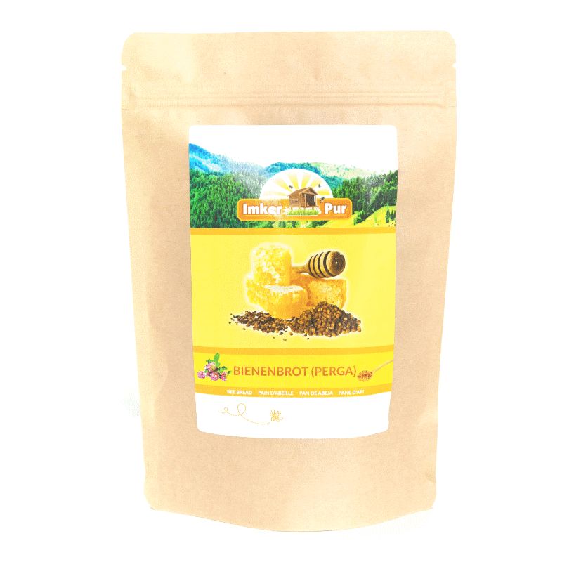 Beutel mit Etikett. Aufdruck: ImkerPur, Bienenbrot (Perga). Gelbes Etikett mit Honigwabe und Bienen.