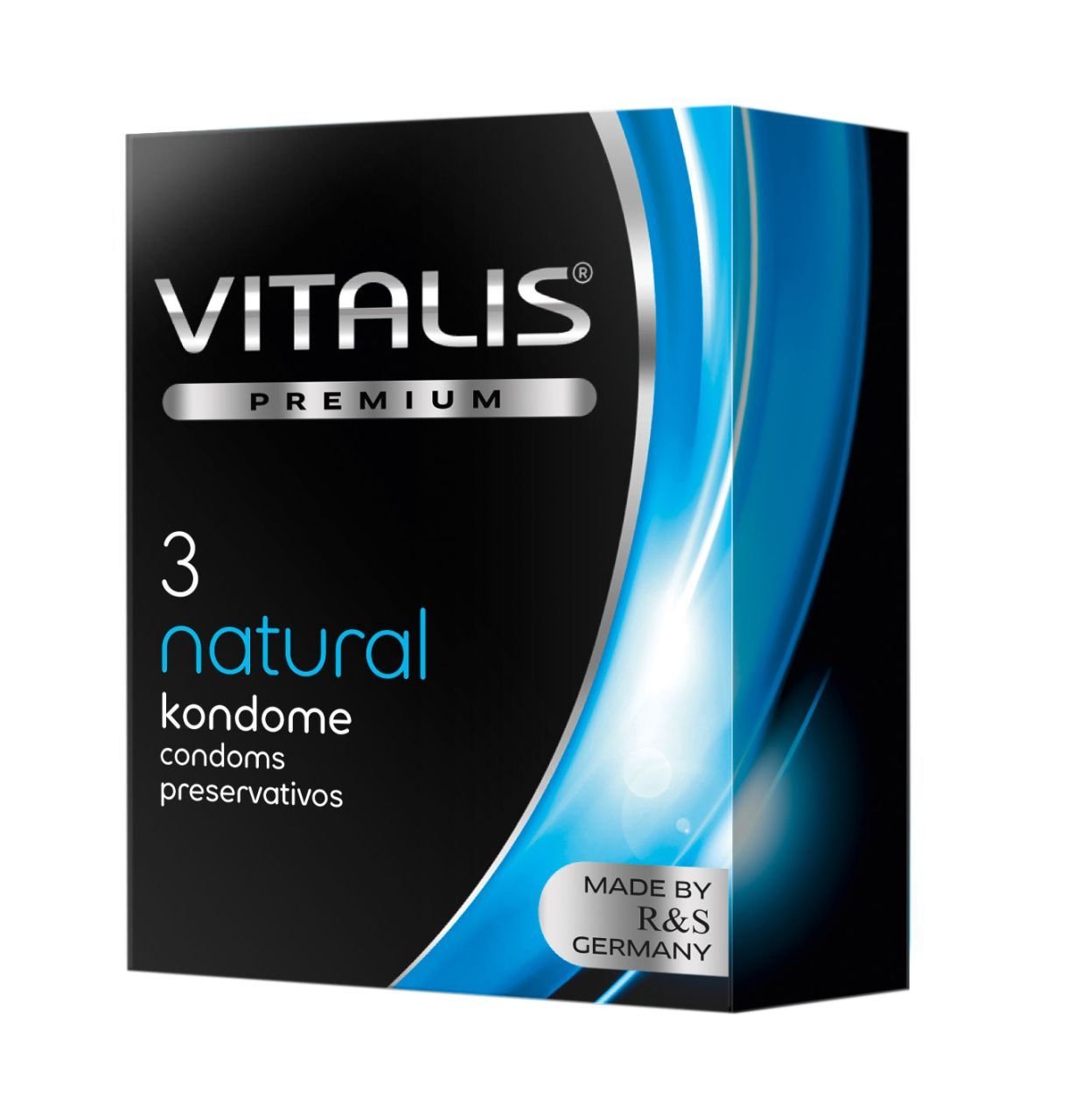 Schwarze Verpackung mit "VITALIS PREMIUM"-Logo, "3 natural" und Text. Blaue Akzente. "MADE BY R&S GERMANY" steht unten.