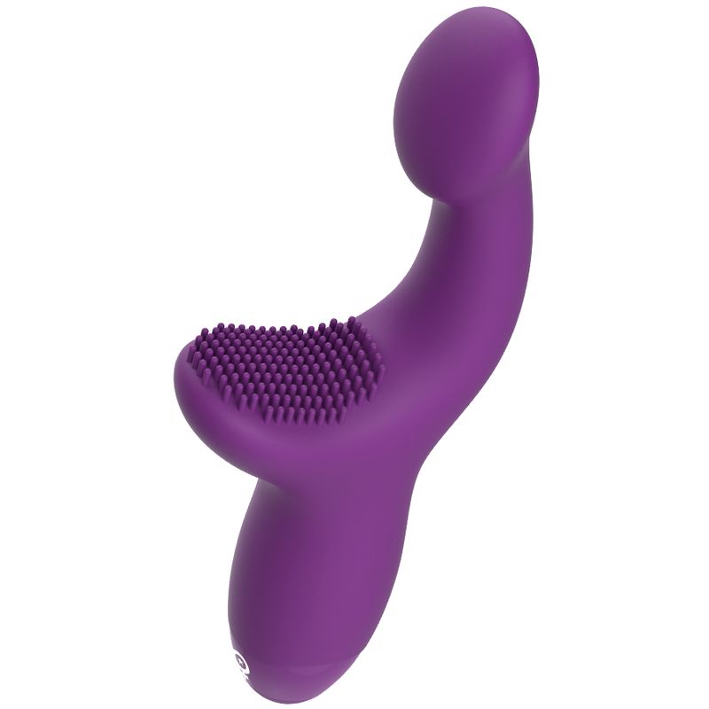 Lila Vibrator mit gebogener Form. Oberteil mit Noppen. Glatte Oberfläche. Aufrecht stehend.