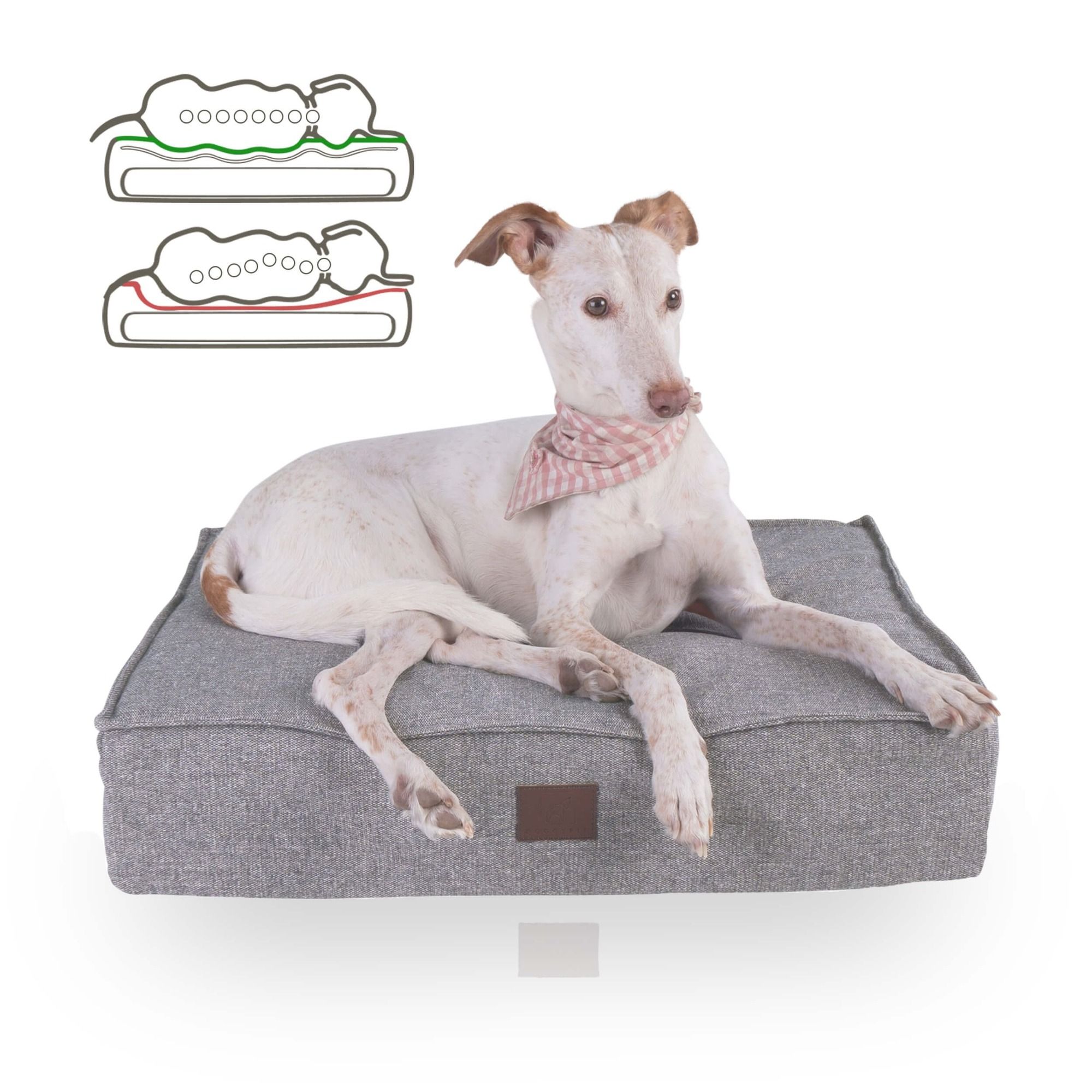 Graue orthopädische Hundematte mit einem Hund. Eckige Form, braunes Label. Skizzen oben links.