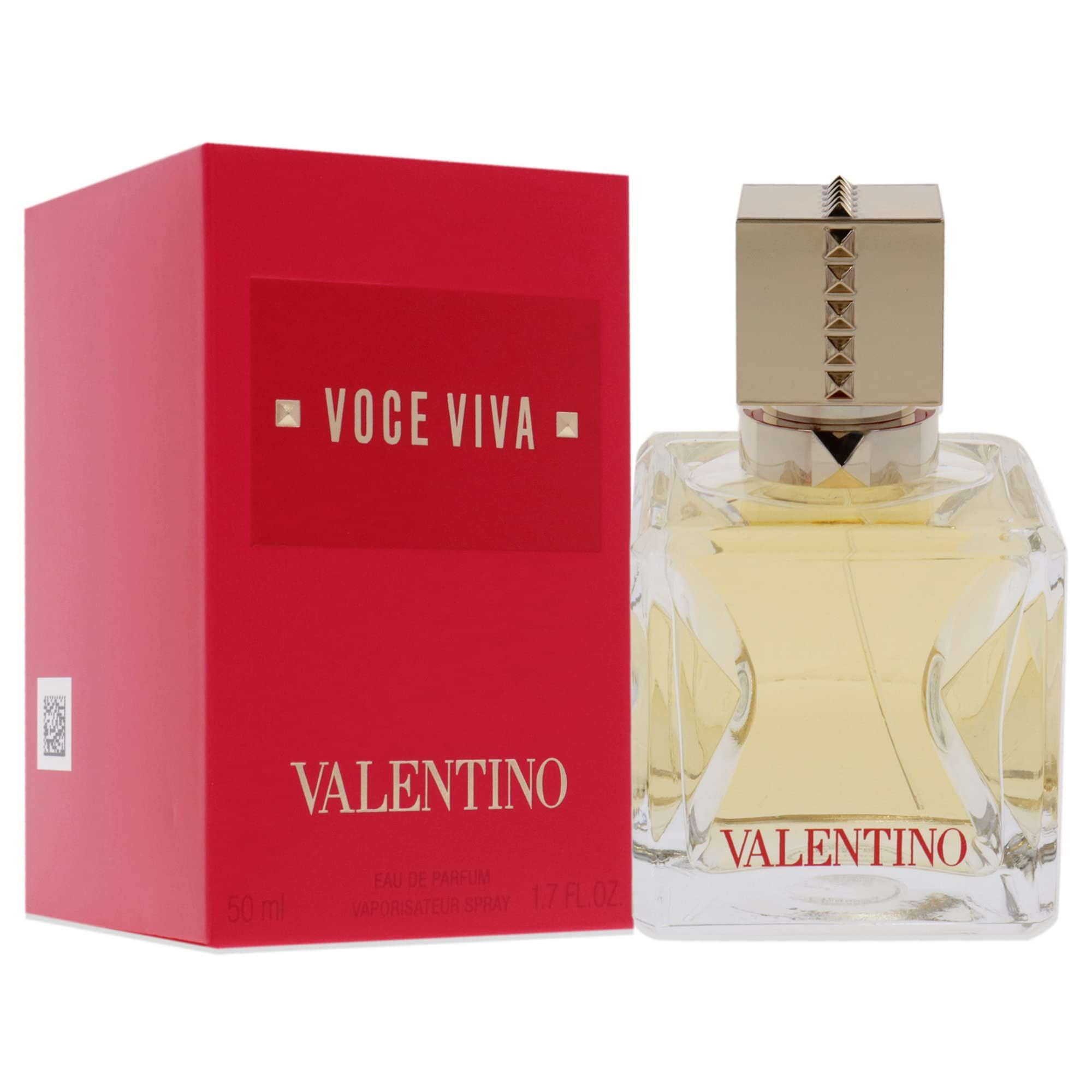 Valentino Voce Viva Eau de Parfum Flakon und Verpackung. Rote Verpackung mit goldenem Text. Eckiger Flakon.