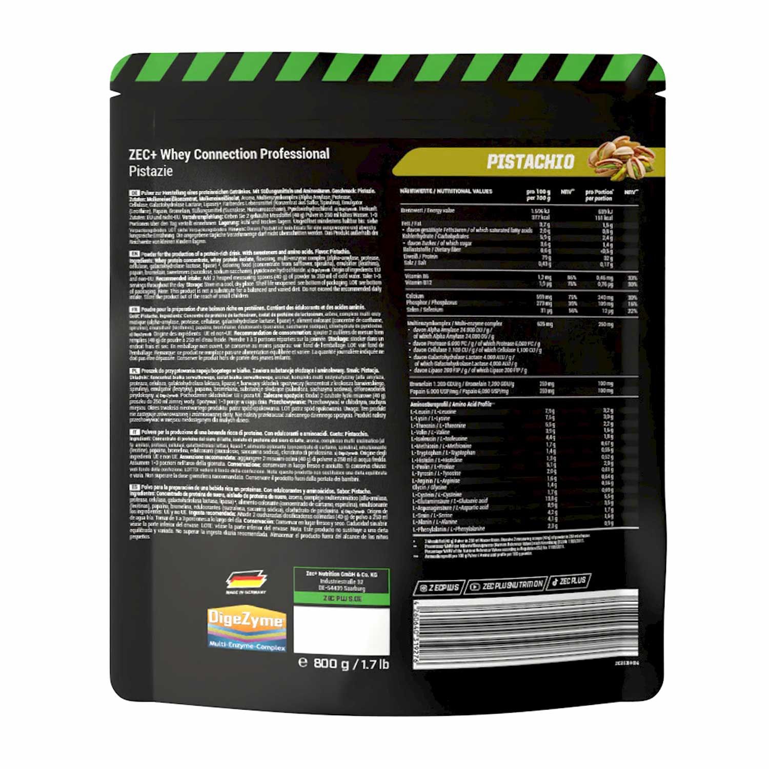 Rückseite der ZEC+ Whey Connection Professional Pistazie Verpackung. Enthält Text, Nährwertangaben und das Digeszyme-Logo.