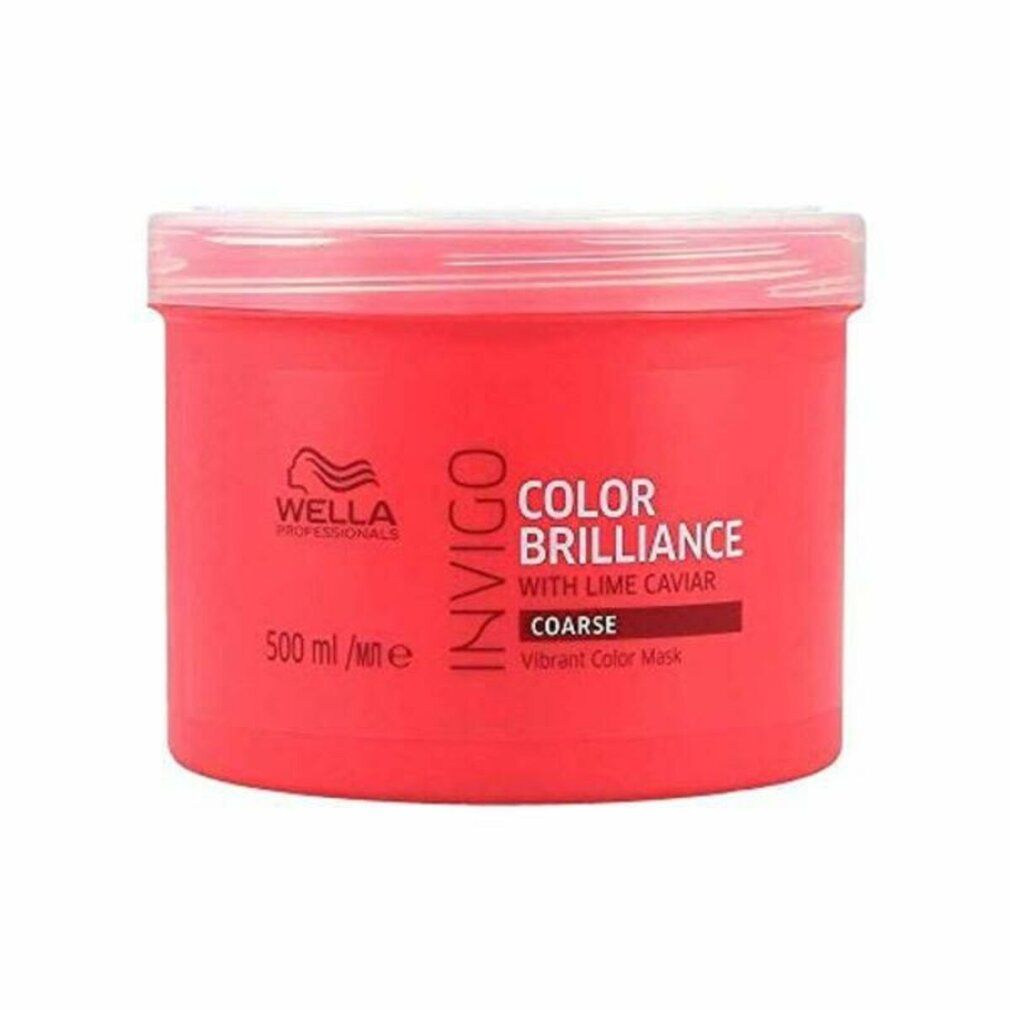 Rote Dose mit weißem Deckel. Aufschrift: Wella Invigo Color Brilliance, Coarse, Vibrant Color Mask.