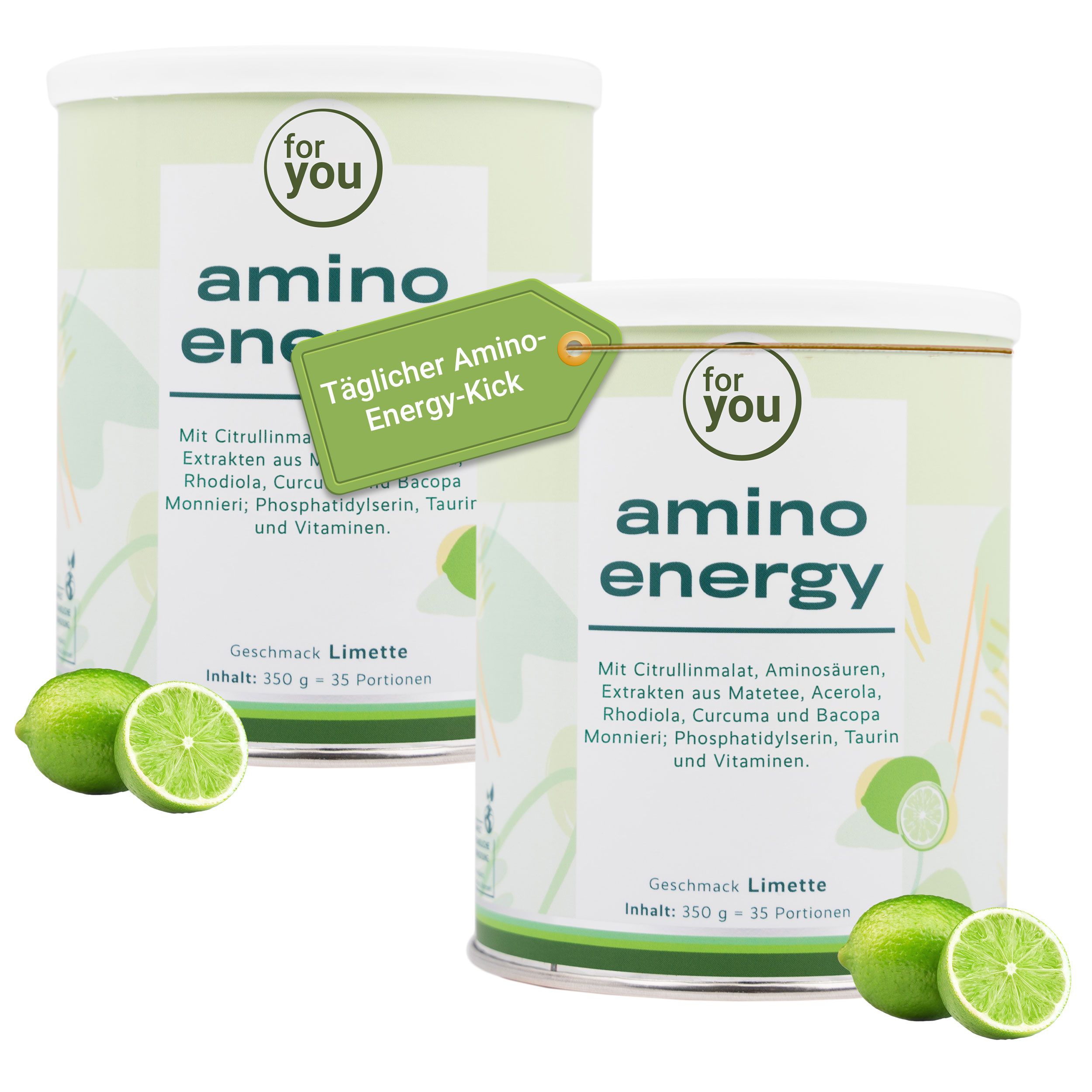 Zwei Dosen 'for you amino energy' mit Limetten. Text: Geschmack Limette, 350g, 35 Portionen. Anhänger: Tägliche Amino-Energy-Kick.