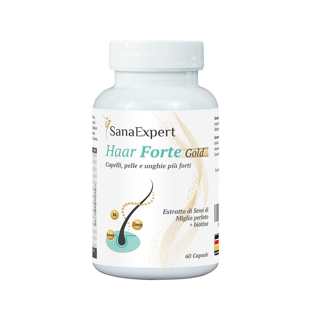 Weiße Flasche mit Kapseln. Aufschrift: SanaExpert Haar Forte Gold. Enthält 60 Kapseln. Mit Illustration von Haaren und Inhaltsstoffen.