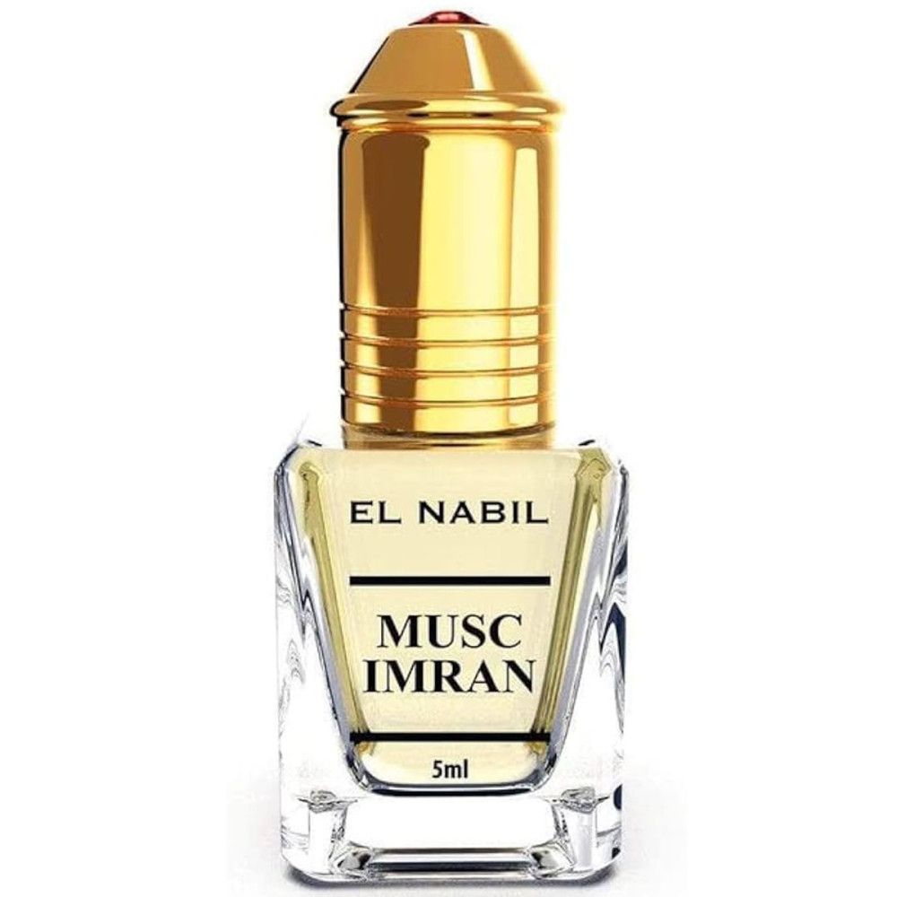 Parfümflakon mit goldfarbenem Deckel. Aufschrift: EL NABIL, MUSC IMRAN, 5ml. Klarer, rechteckiger Glasbehälter.