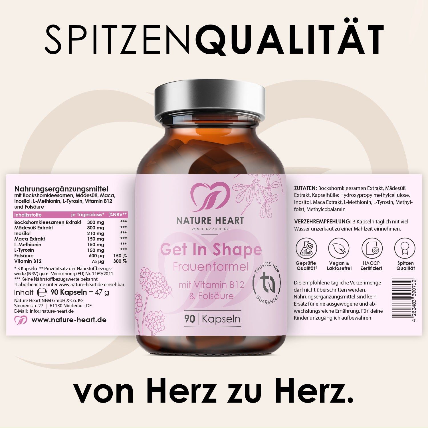 Flasche 'Nature Heart Get In Shape Frauenformel' 90 Kapseln, mit Nährwertangaben und Inhaltsstoffen.