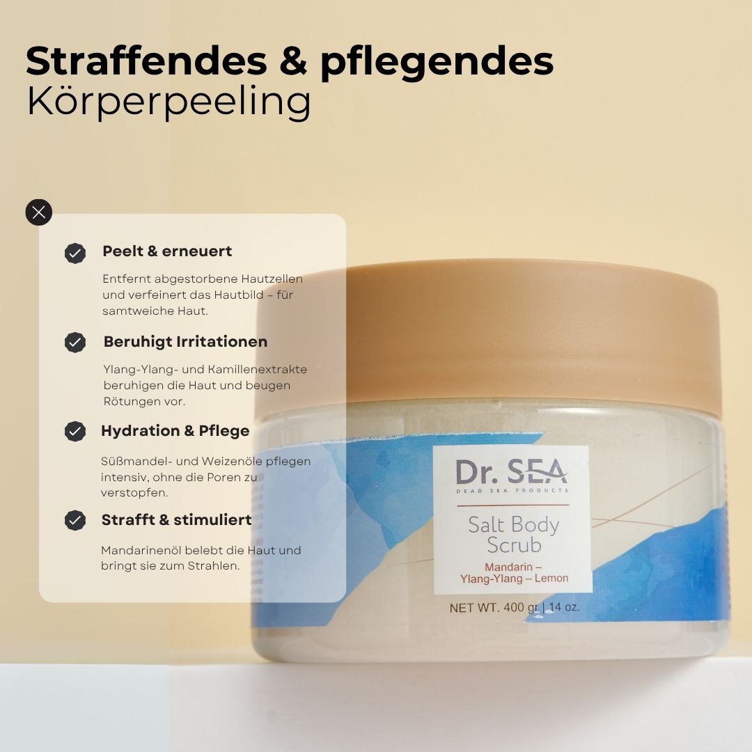 Produkt mit Text. Dr. SEA, Salt Body Scrub, Mandarine, Ylang-Ylang, Zitrone. Vorteile: Peeling, beruhigt, hydratisiert, strafft.