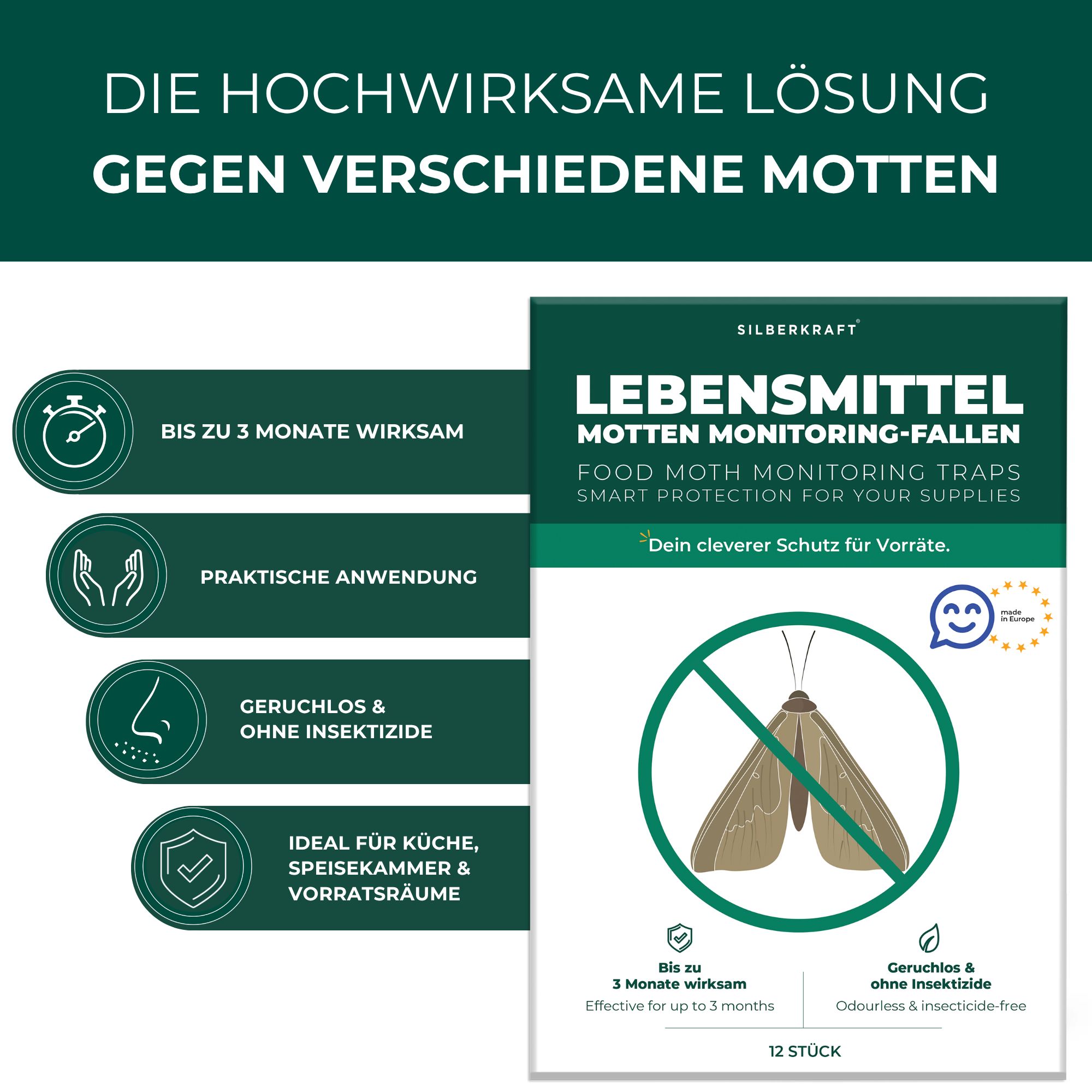 Produktverpackung mit Icons und Text. Text: Die hochwirksame Lösung gegen verschiedene Motten. 12 Stück. Geruchlos & insektizidfrei.