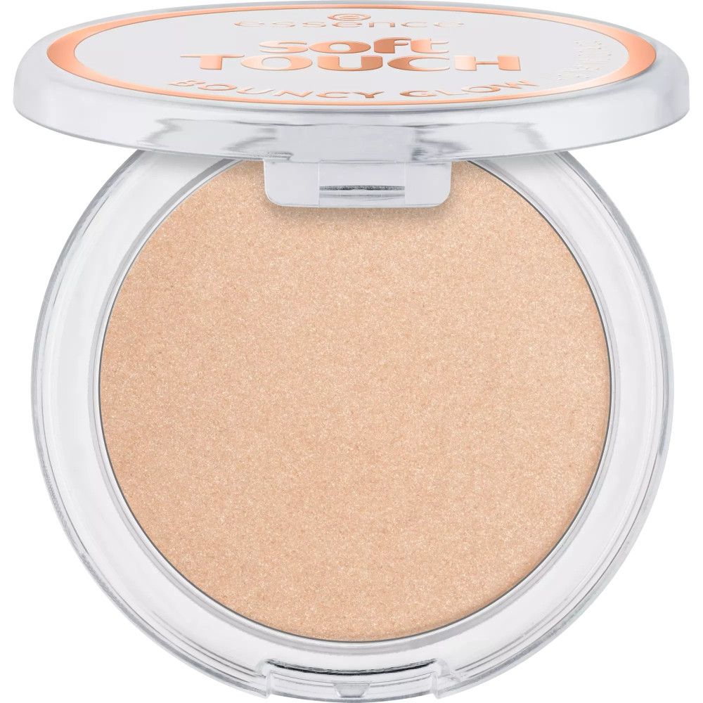 Runder Highlighter-Tiegel, geöffnet. Deckel transparent. Text: Soft Touch Bouncy Glow. Marke: Essence.
