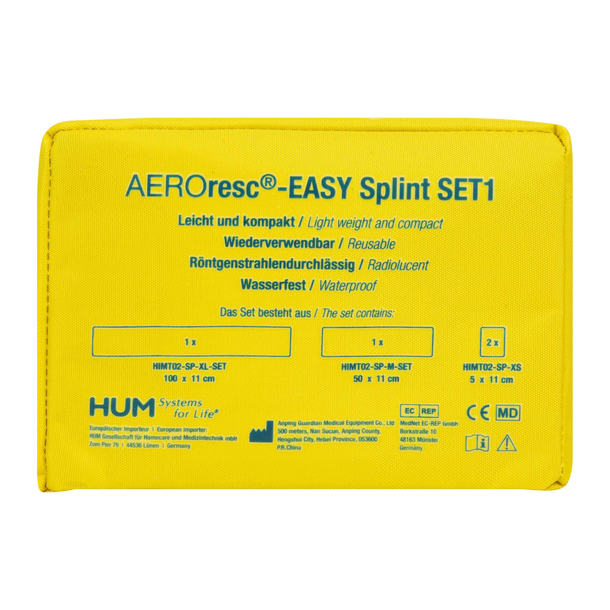 Gelbes HUM AEROresc EASY Splint Set 1 mit Größenangaben für XL, M und XS.