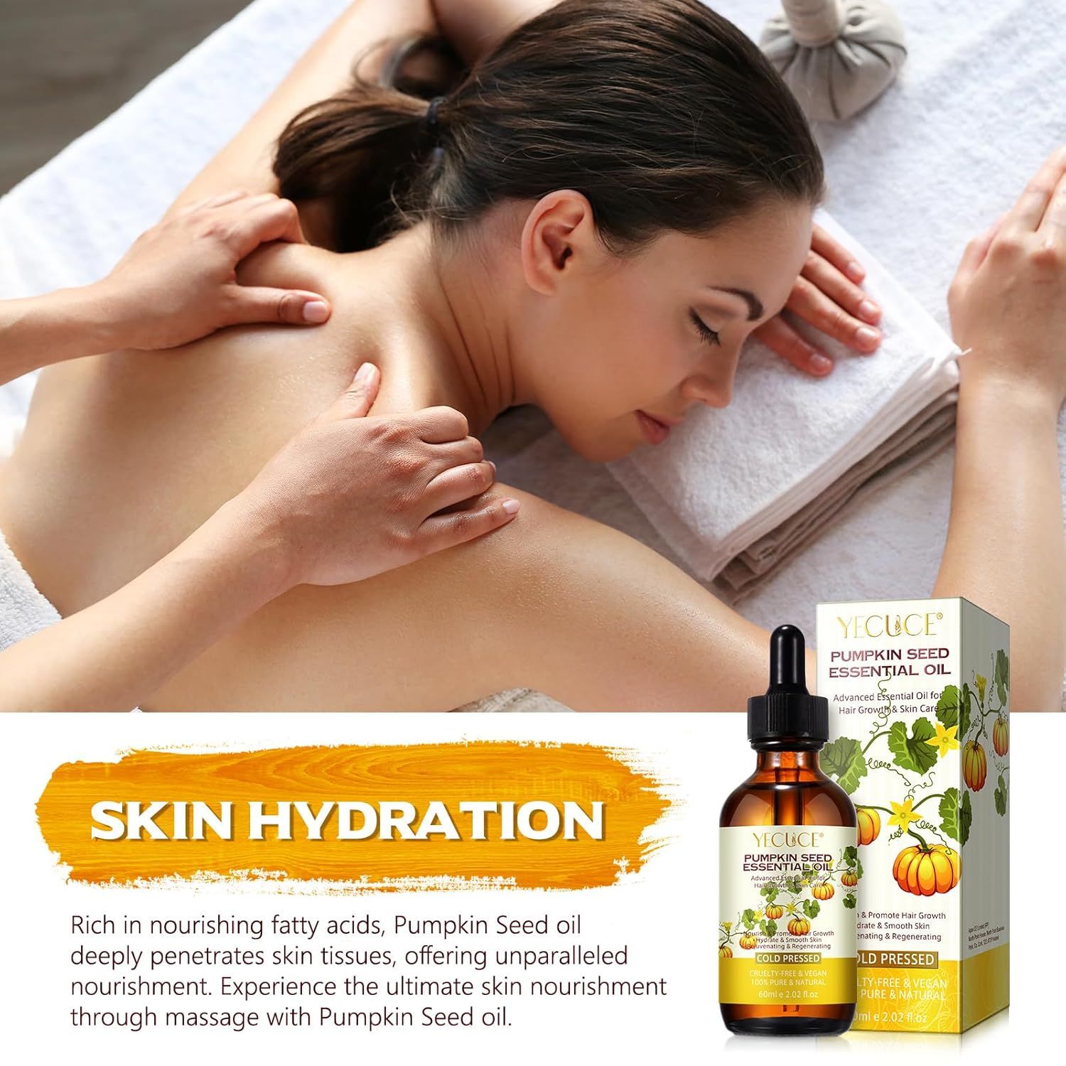 Frau erhält Rückenmassage. Flasche mit Pumpkin Seed Essential Oil. Text: Skin Hydration. Produktabbildung und Text.