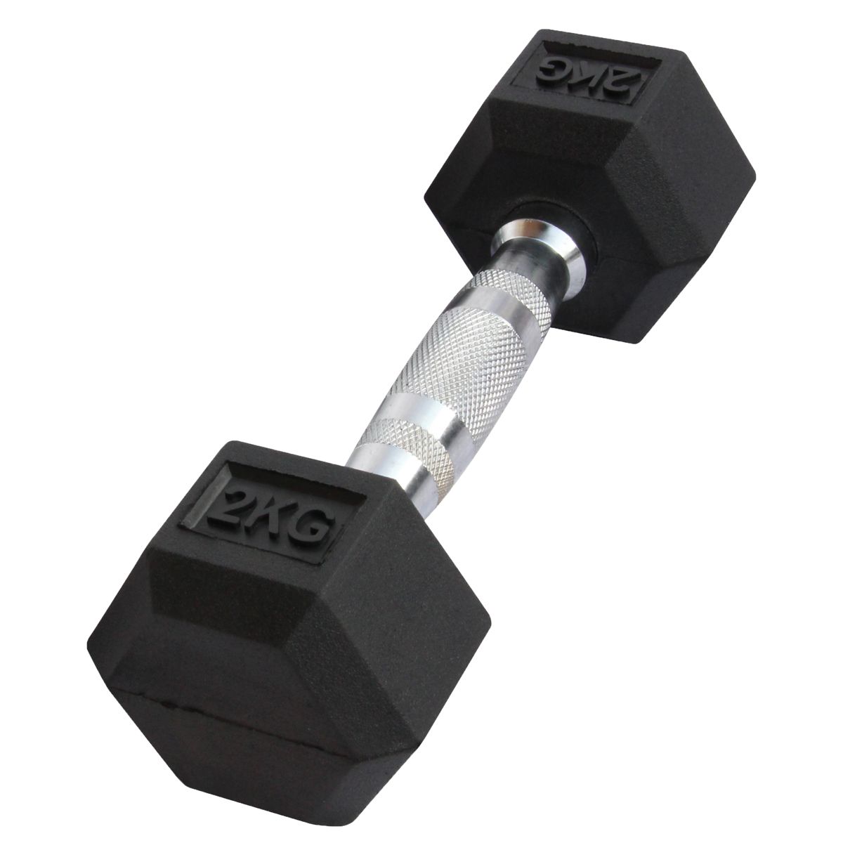 Schwarze, sechseckige Hantel mit 2 KG-Kennzeichnung. Metallgriff. Gummi. Isometrische Ansicht.