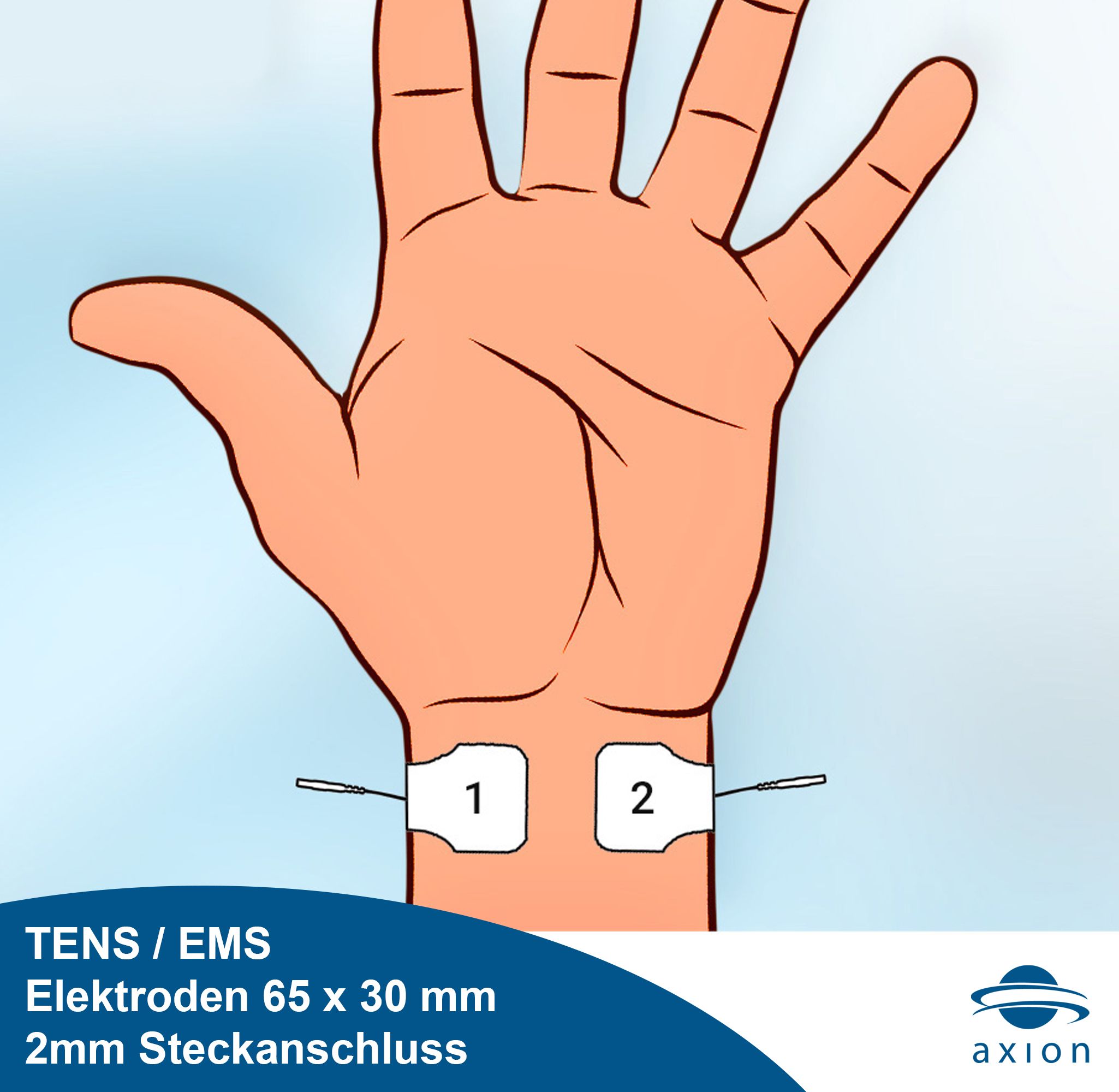 Handgelenk mit Elektrodenpads. Text: TENS/EMS, Elektroden 65 x 30 mm, 2mm Steckanschluss. Logo: axion.