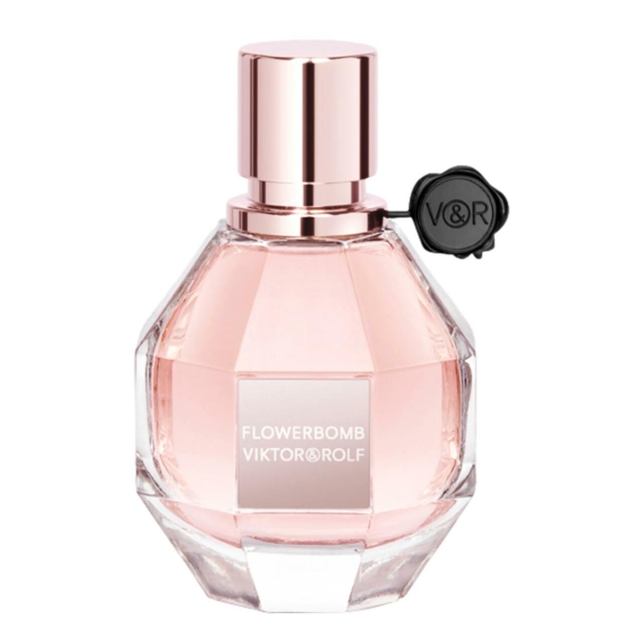 Flowerbomb-Parfümflakon von Viktor & Rolf. Facettierter Glasflakon mit roségoldfarbenem Verschluss und schwarzem Anhänger.