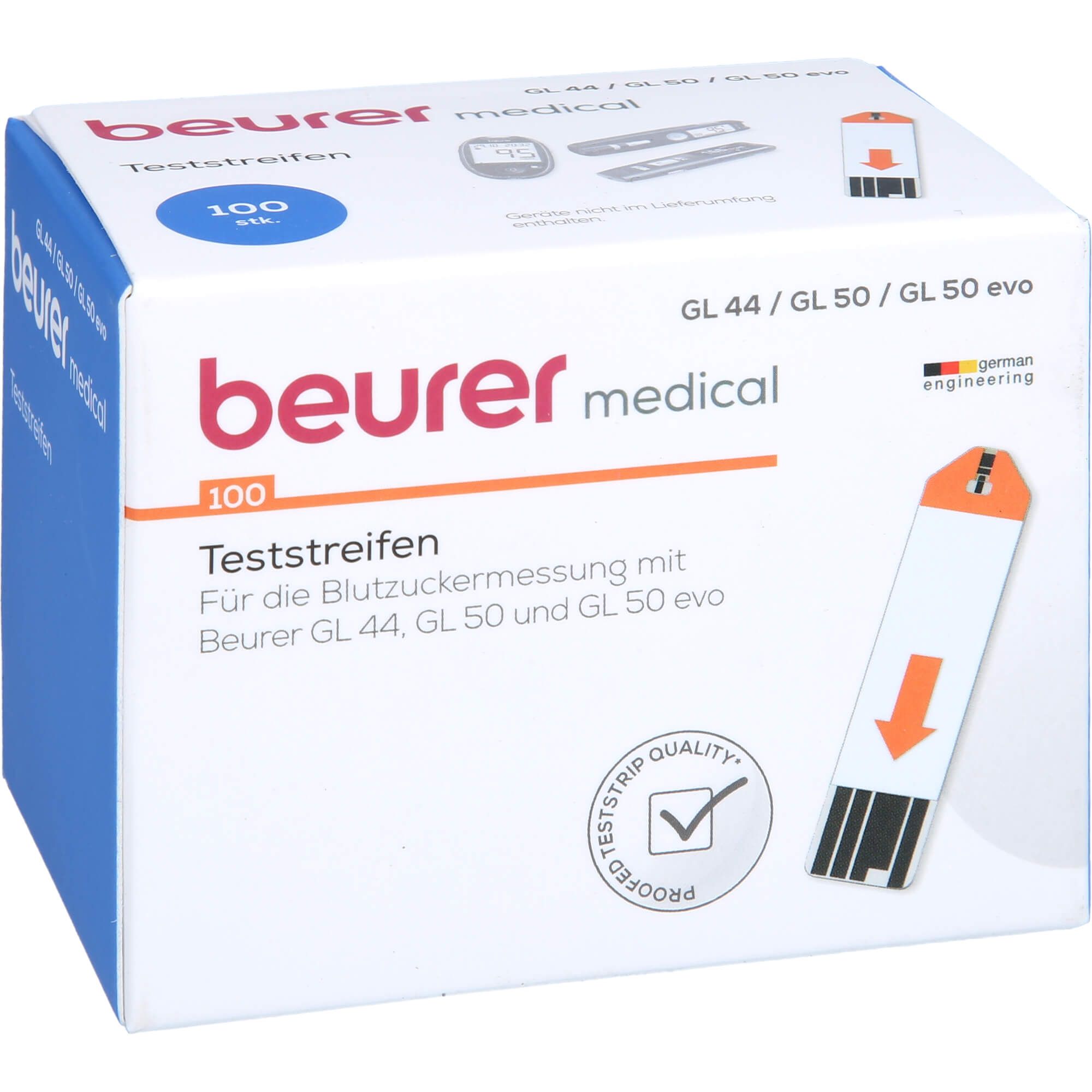 Verpackung mit Teststreifen. Marke Beurer, 100 Teststreifen. Text: GL 44/50/50 evo. Mit Qualitätszeichen.