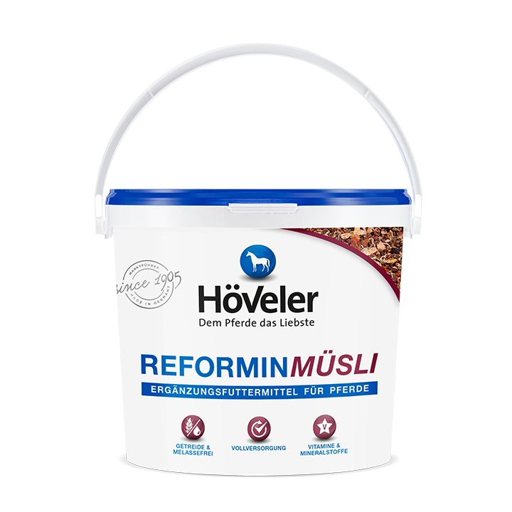 Eimer Höveler Reformin Müsli mit blauem Deckel und Griff. Logo und Produktname sind deutlich sichtbar.