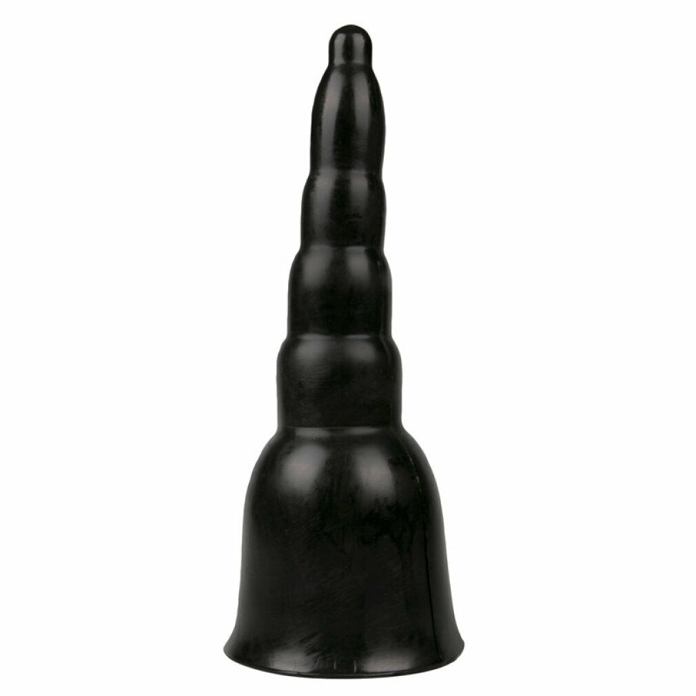 Schwarzer Dildo. Konische Form mit mehreren Ringen. Vertikale Ausrichtung.