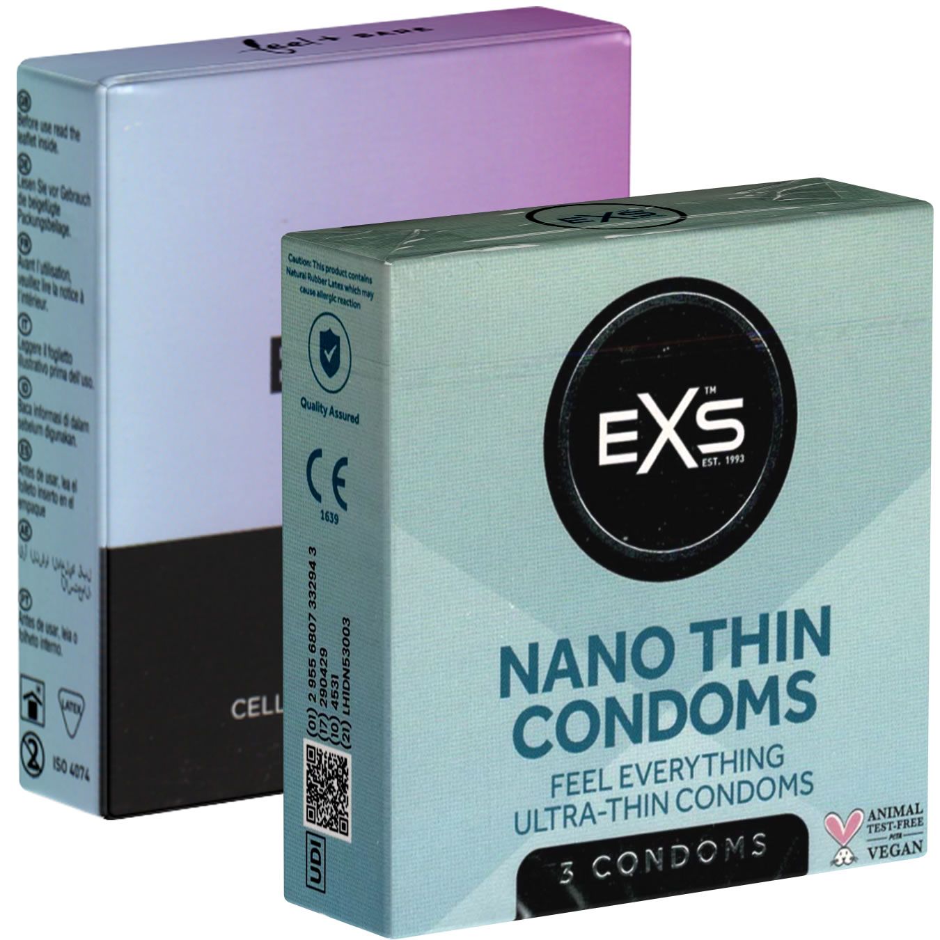 Zwei Schachteln Kondome. Eine Schachtel mit dem Logo "EXS", "Nano Thin Condoms", "3 Condoms". Vegan.