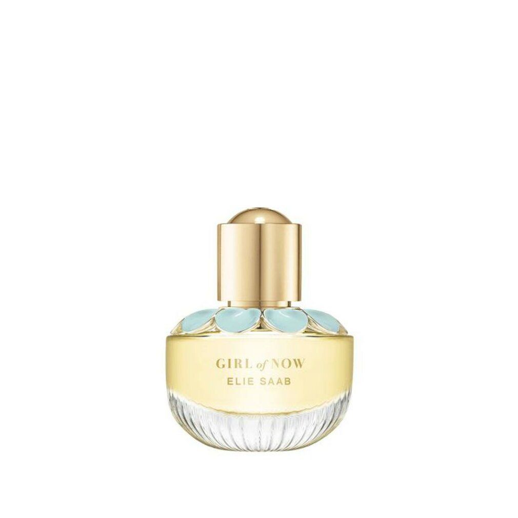 Flakon von Girl of Now Eau de Parfum. Hellgelbe Flüssigkeit, hellblaue Blüten und goldfarbener Verschluss. Aufschrift Girl of Now, Elie Saab.