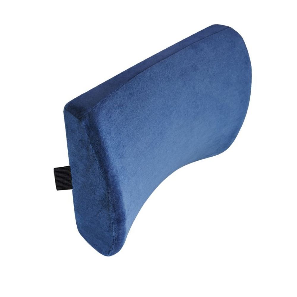 Blaues Lendenstützkissen. Gebogene Form, mit Befestigungsgurt.