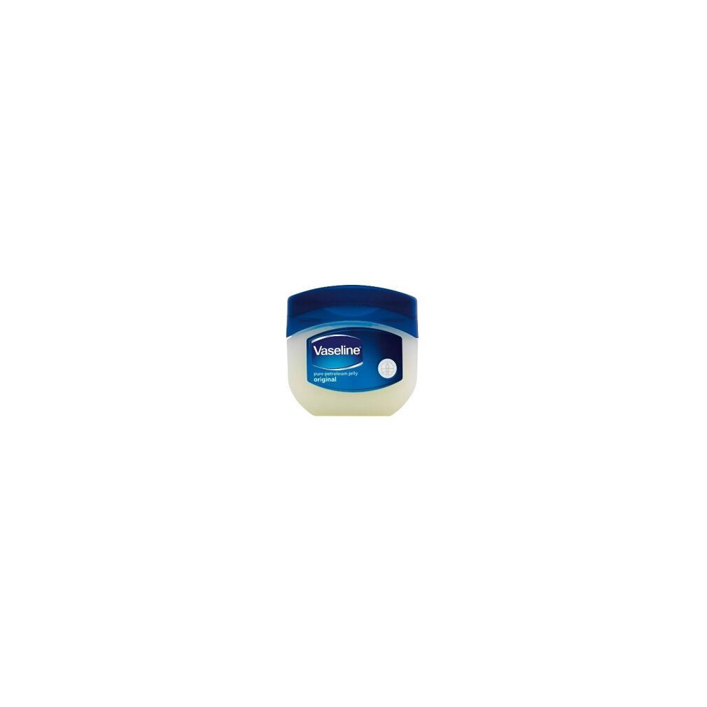 Barattolo con coperchio blu. Etichetta "Vaseline", "pure petroleum jelly original".
