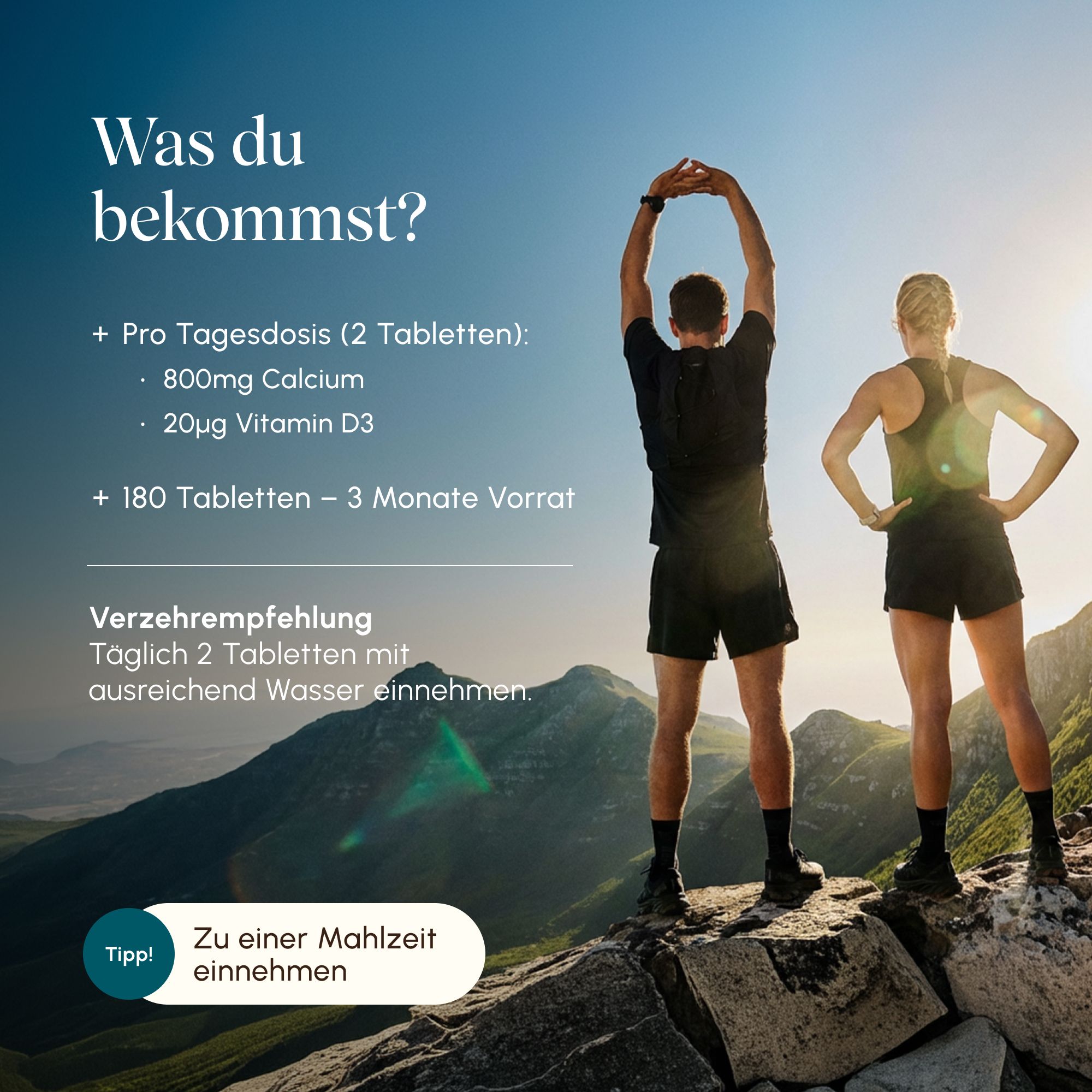 Paar auf Bergspitze, Text: Was du bekommst, Einnahmeempfehlung.
