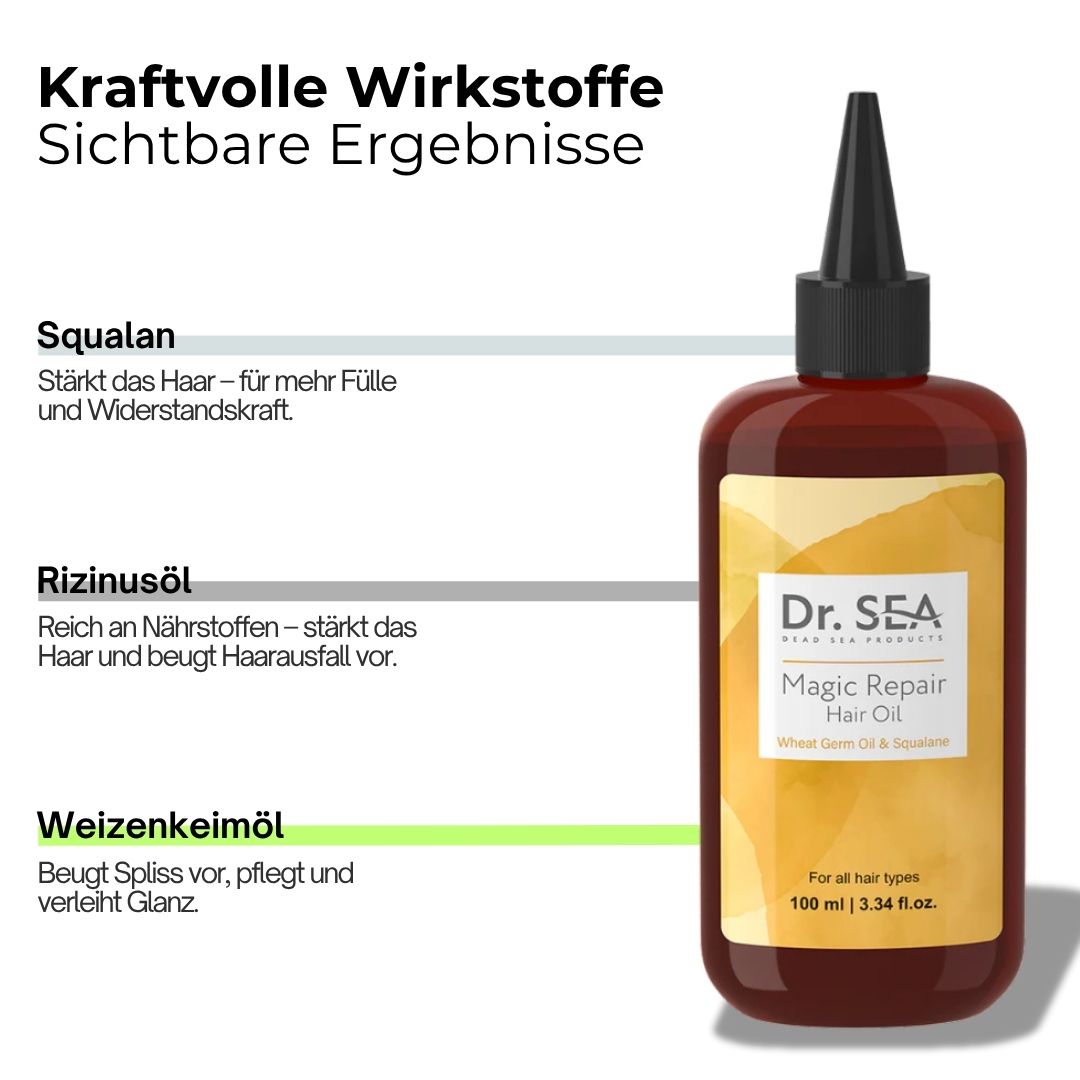 Flasche mit Haaröl, Textbox mit Inhaltsstoffen: Squalane, Rizinusöl, Weizenkeimöl. Sichtbare Ergebnisse.