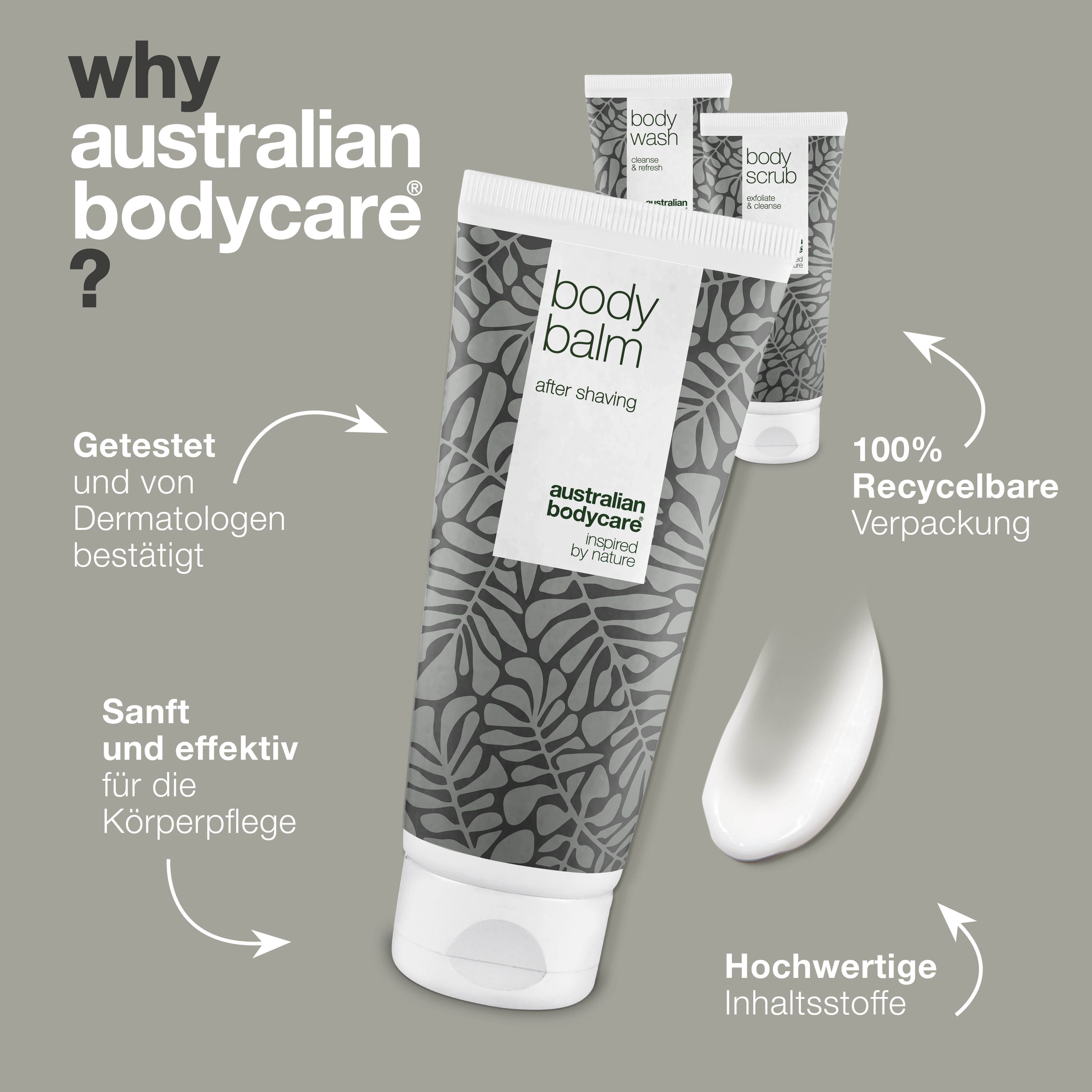 Drei Tuben mit Körperpflegeprodukten. Aufschrift: Body Balm, Body Wash, Body Scrub. Marke: Australian Bodycare.