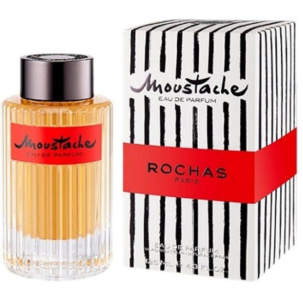 Parfümflasche und Verpackung. Flasche mit rotem Etikett: Moustache Eau de Parfum. Verpackung mit schwarz-weiß Streifen und rotem Band: ROCHAS PARIS.