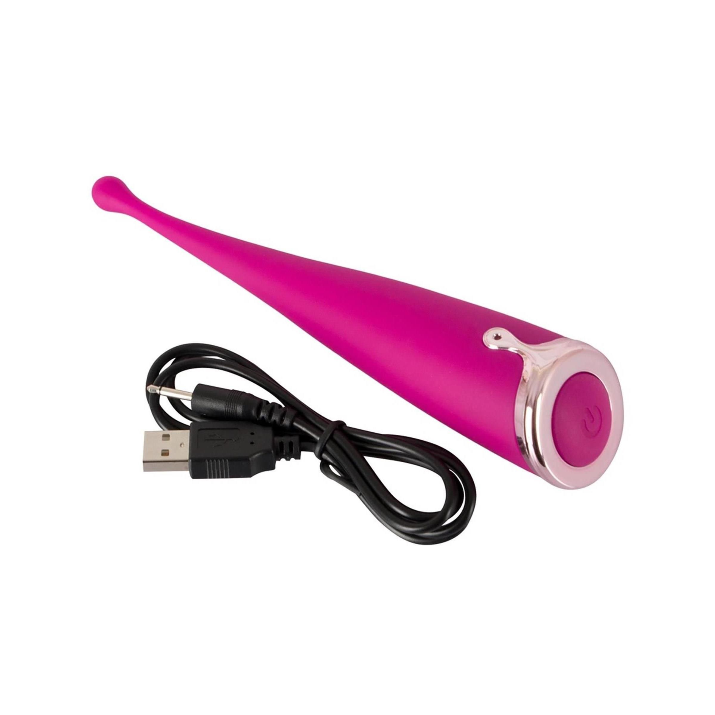 Rosa Vibrator mit abgerundeter Spitze und USB-Kabel. Konische Form mit silberfarbenem Ring. Auf weißem Hintergrund.