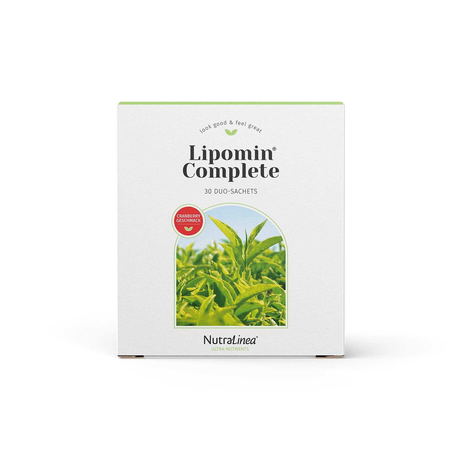 Weiße Verpackung mit "Lipomin Complete"-Logo und 30 Duo-Sachets. Cranberry-Geschmack. NutraLinea-Logo.