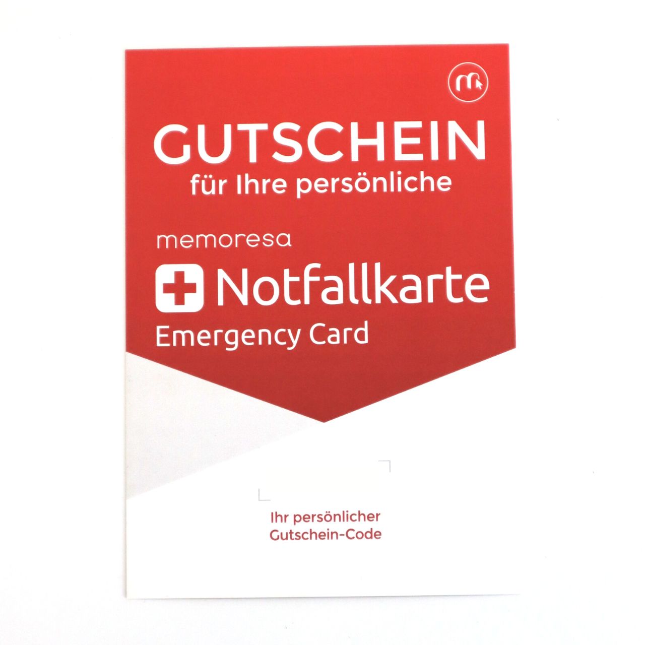 Gutschein für Notfallkarte. Rote Karte mit weißem Bereich und Text. Logo und Code.
