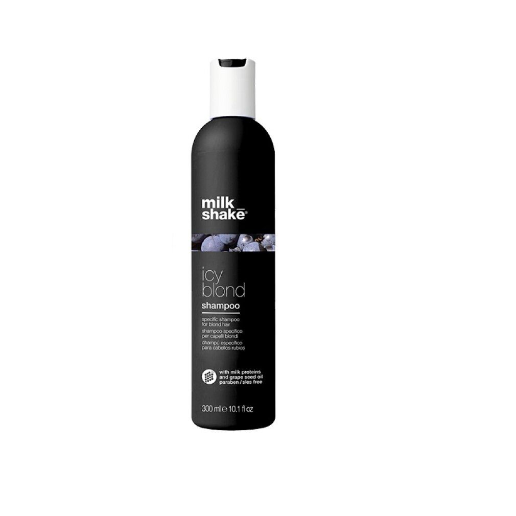 Schwarze Shampoo-Flasche mit weißem Deckel. Aufschrift: "milk shake icy blond shampoo". Enthält Milchproteine, parabenfrei.