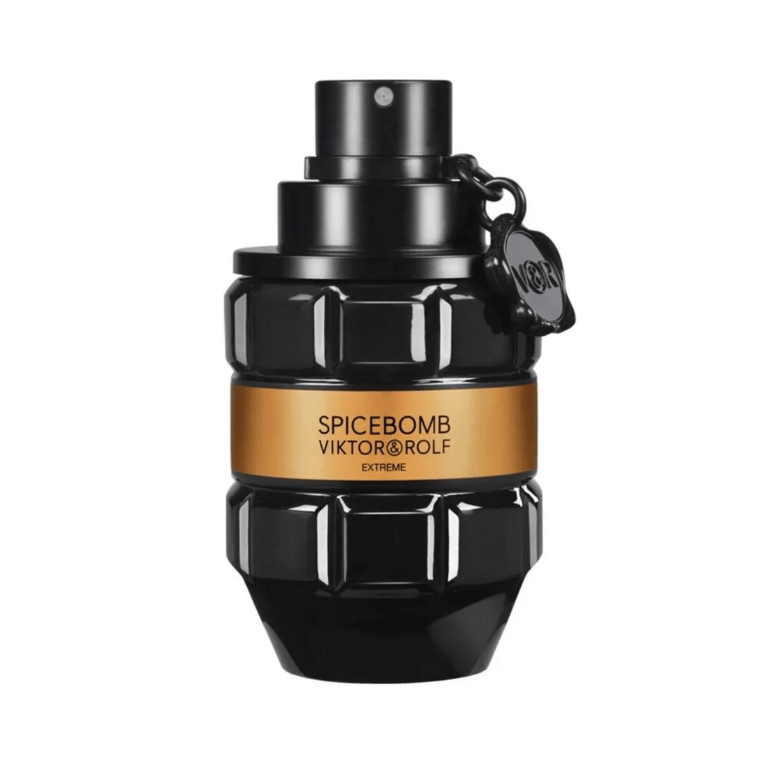 Schwarzer Flakon mit goldfarbenem Band. Aufschrift: Spicebomb Viktor & Rolf Extreme. Schwarzer Verschluss mit Anhänger.