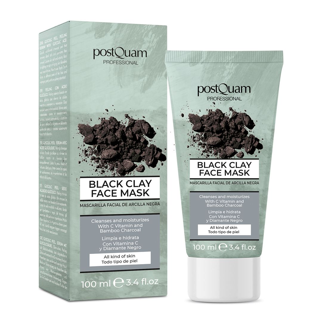 Gesichtsmaske in Tube und Schachtel. Text: Black Clay Face Mask, reinigt und befeuchtet mit Vitamin C und Bambus-Aktivkohle. 100 ml.