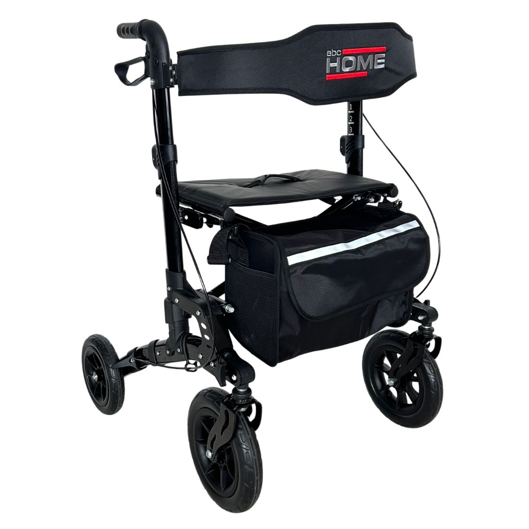 Seitenansicht eines schwarzen Rollators mit Sitz und Tasche.