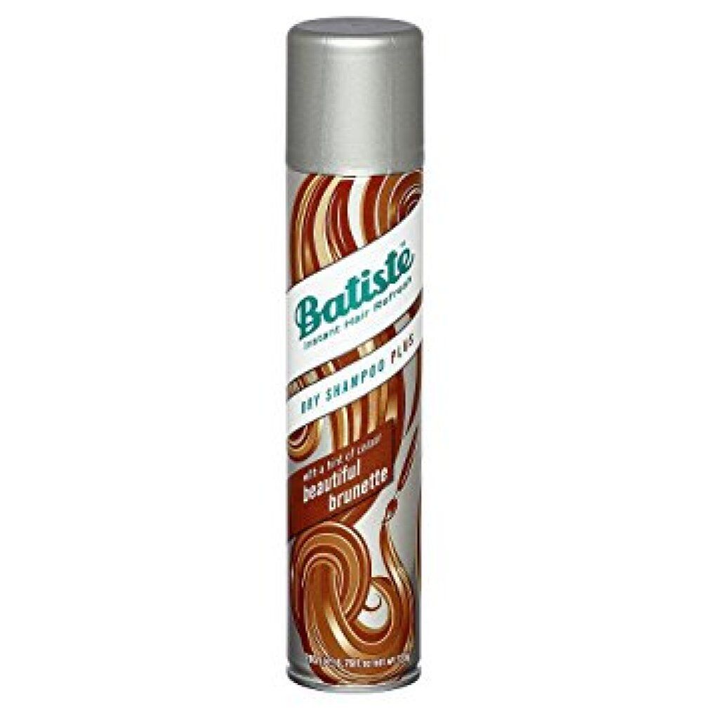 Trockenshampoo-Flasche, silber-braun. Aufschrift: Batiste, Dry Shampoo Plus, beautiful brunette.