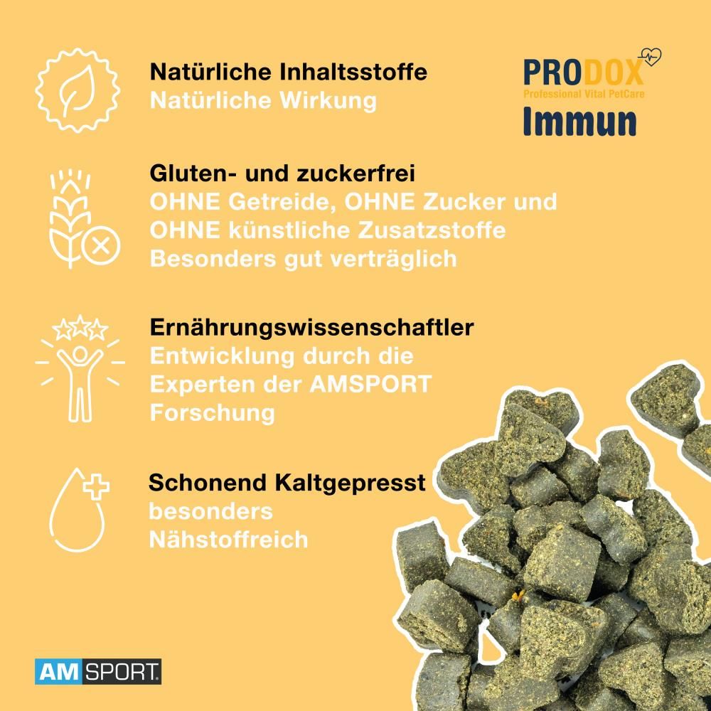 PRODOX Immun Vital Bites-Beutel mit Text und Leckerlis. Gelber Hintergrund mit Illustrationen und Text.