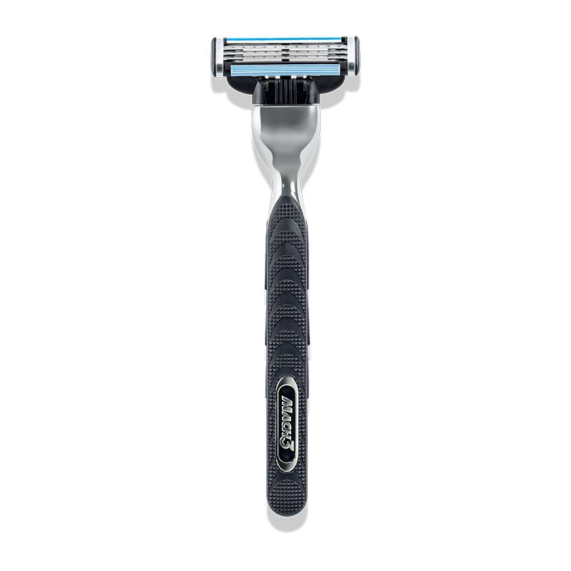 Gillette MACH3 Rasierer mit schwarzem Griff und silbernen Akzenten. Drei Klingen. Schwarzer Griff.