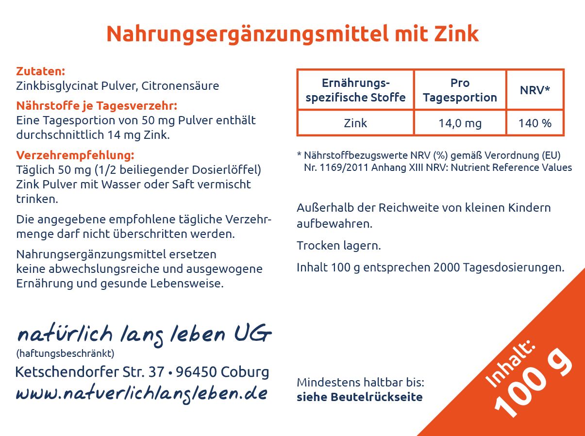 Nahrungsergänzungsmittel mit Zink, 100g Inhalt. Enthält Zinkbisglycinat Pulver und Zitronensäure.