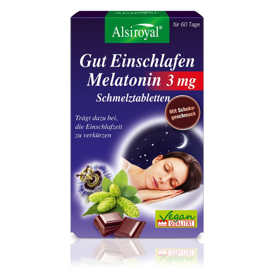 Verpackung von Alsiroyal Gut Einschlafen Melatonin 3 mg Schmelztabletten. Enthält Text: Gut Einschlafen, Melatonin 3 mg, Schmelztabletten. Vegan-Qualität.
