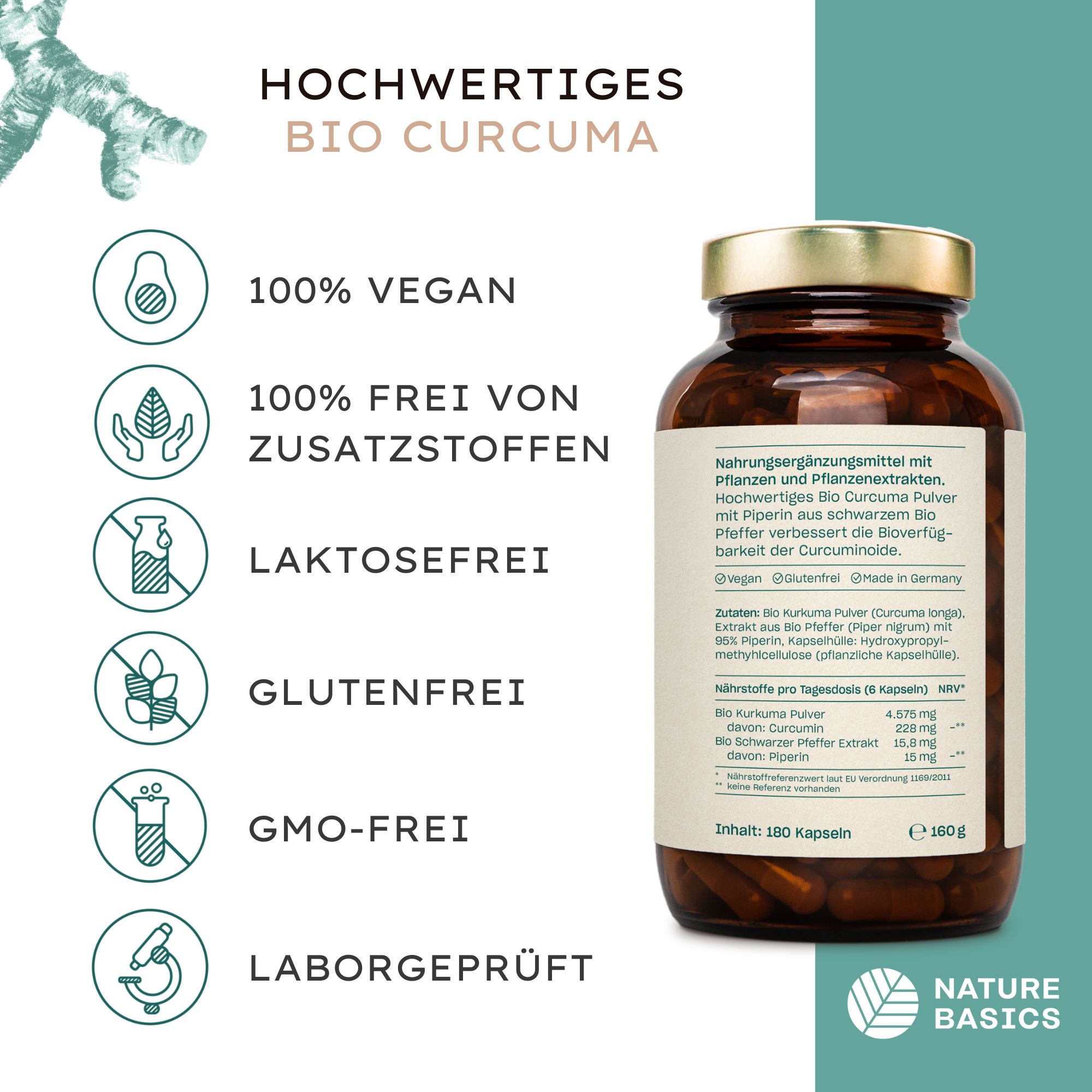 Braune Glasflasche mit Kapseln. Text: Hochwertiges Bio Curcuma. Grafiken: 100% vegan, laktosefrei, glutenfrei, GMO-frei, Laborgeprüft.