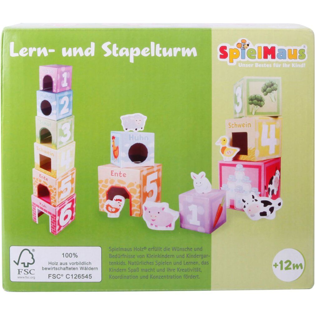 Spielmaus Stapelturm-Verpackung. Grün, mit Produktabbildung. FSC-Zertifizierung. Text: Lern- und Stapelturm, +12m.